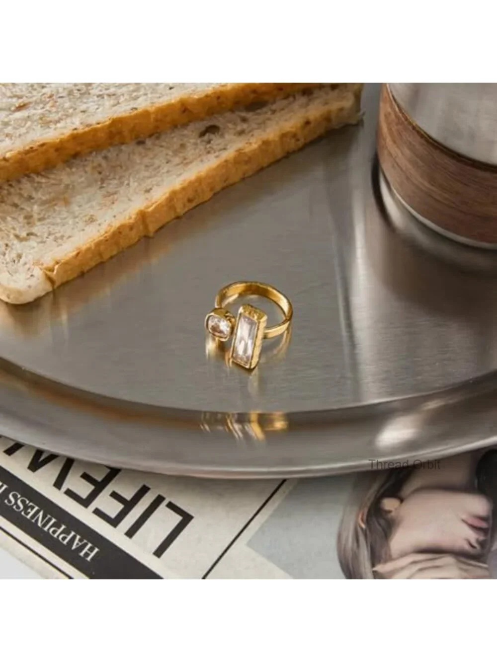 Square Cubic Zirconia Gold-Tone Statement Ring Hypoallergenic Stainless Steel